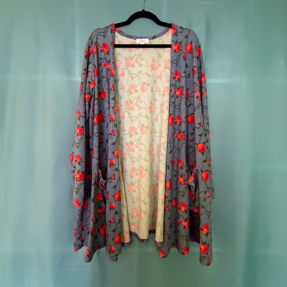 LulaRoe Caroline Blue w/ Red Roses Short Cardigan Sweater XL